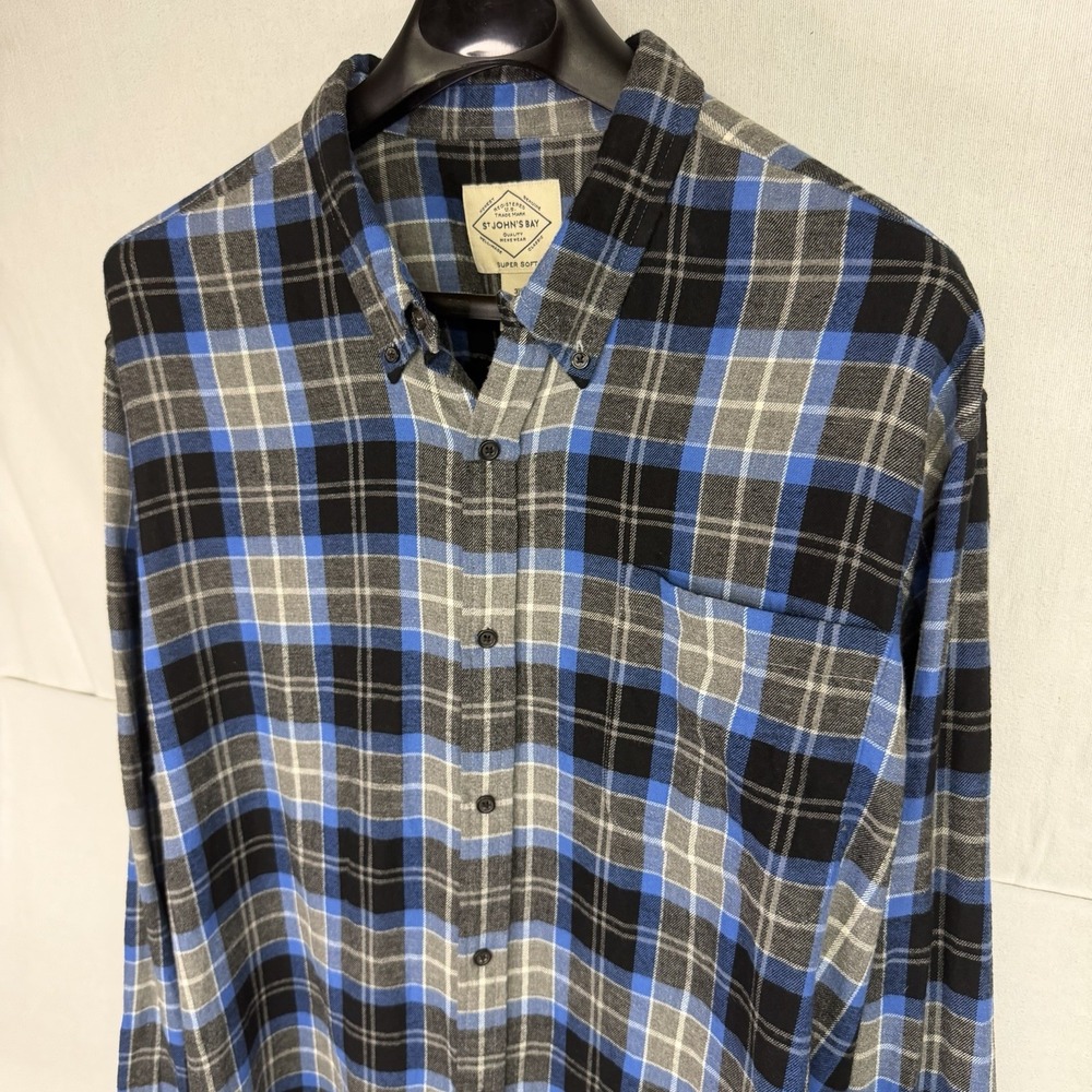 St John's Bay Men's 3XL Flannel Shirt Blue Grey Plaid Super Soft Long Sleeve